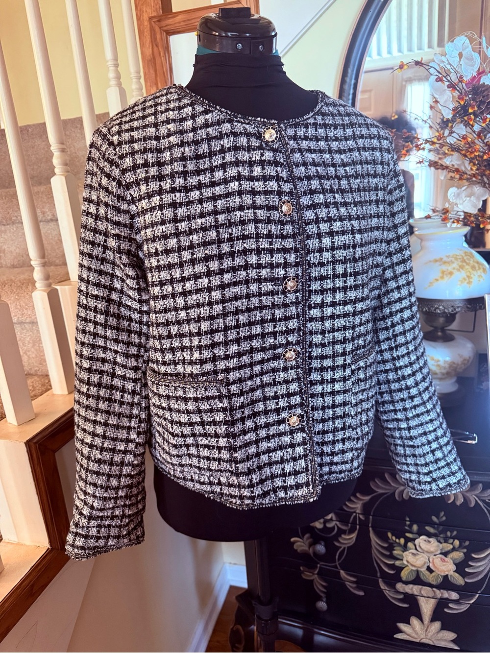 Adrianna Papell Classic Black & White Tweed Jacket - Women's Button Front Coat